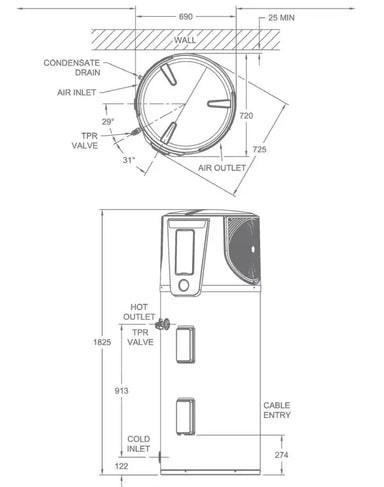 Rheem HDC270 Ambiheat Heat Pump Side Vent Dimensions