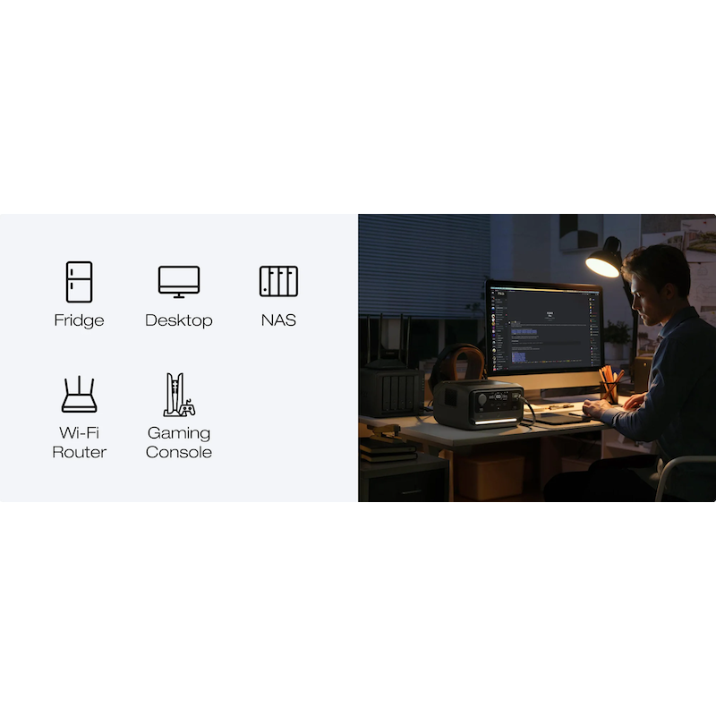 Person working at a desk with multiple computer monitors, icons on the left side labeled 'Fridge', 'Desktop', 'NAS', 'Wi-Fi Router', and 'Gaming Console'.
