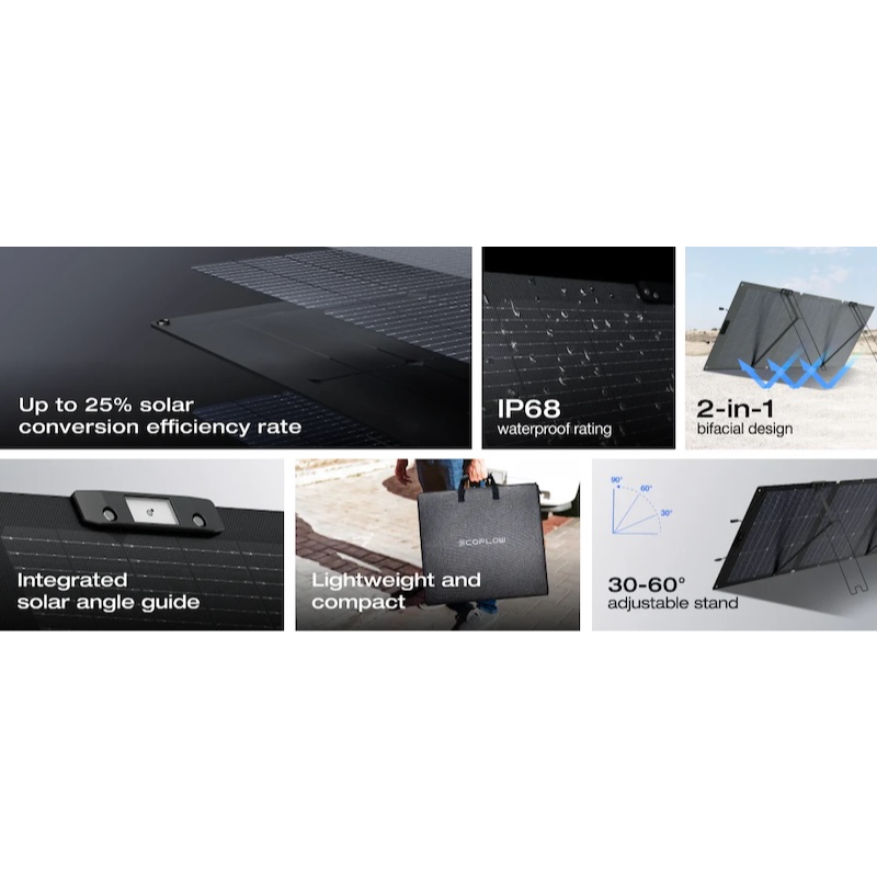 EcoFlow NextGen 160W bifacial solar panel key features including 25 percent efficiency, IP68 waterproofing and adjustable stand