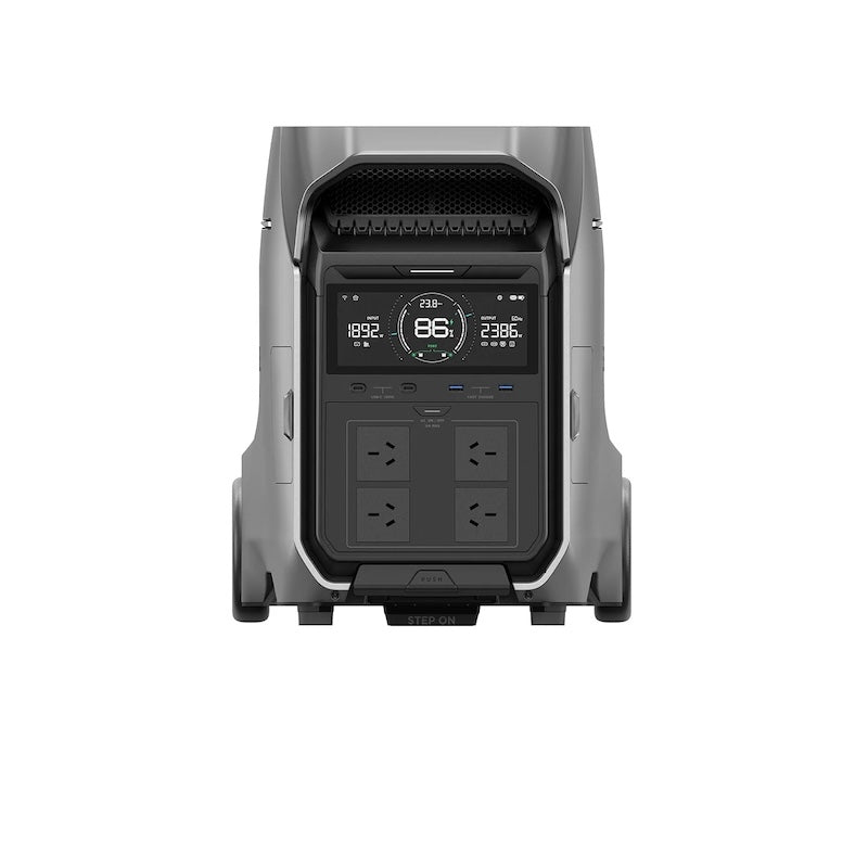 EcoFlow Delta Pro 3 front panel showing AC outlets, display screen, and control interface