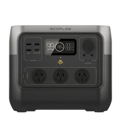 EcoFlow RIVER 2 Pro portable power station front panel with LCD display, AC outlets and USB ports