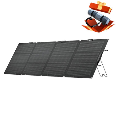 EcoFlow 220W bifacial portable solar panel unfolded on kickstand with bonus carry mat shown.