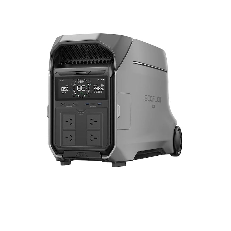 EcoFlow Delta Pro 3 front panel showing AC outlets, display screen, and control interface Front Right.