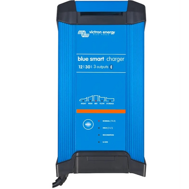 Victron Blue Smart IP22 battery charger 12V 30A 3 output front view with mode button and status LEDs