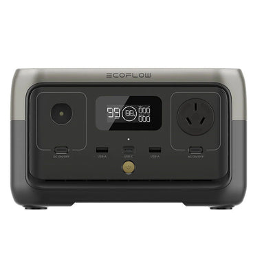 EcoFlow RIVER 2 portable power station front panel with LCD display, AC outlet and USB ports