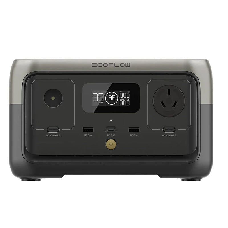 EcoFlow RIVER 2 portable power station front panel with LCD display, AC outlet and USB ports