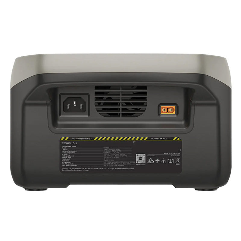 EcoFlow RIVER 2 portable power station rear view showing cooling vent, AC input and DC ports