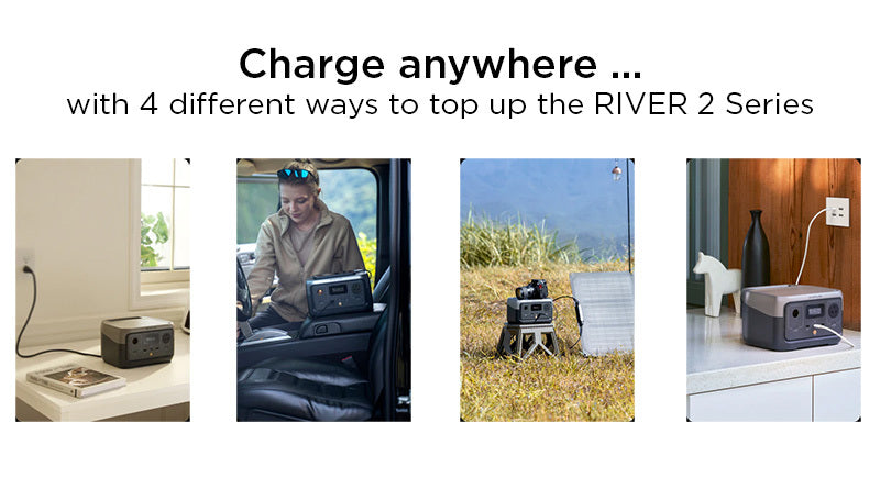 EcoFlow RIVER 2 power station showing multiple charging options including AC, car and solar