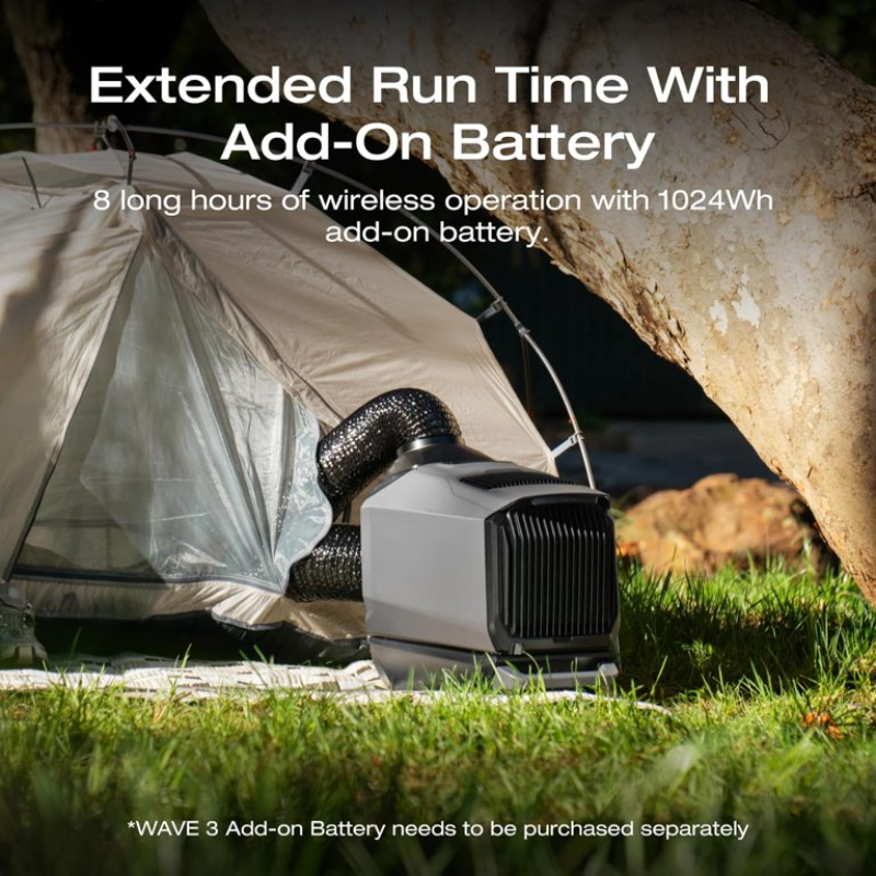 EcoFlow WAVE 3 portable air conditioner used in tent camping and outdoor settings