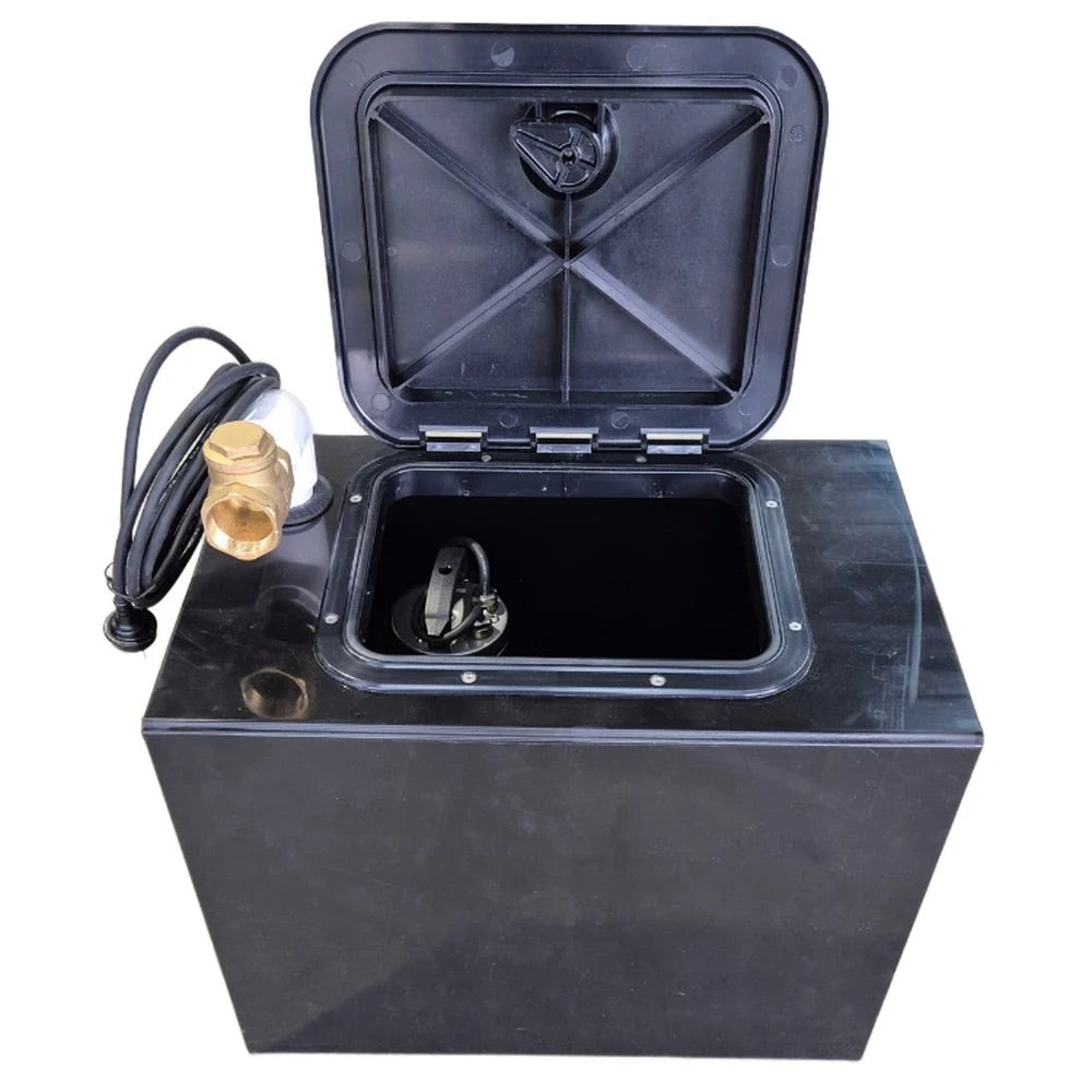 75L Pump Chamber with open inspection hatch and pre-installed stainless steel vortex pump