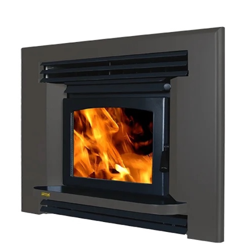Ethos Ares Insert Wood Fire in Dark Grey finish with black fascia and modern insert design