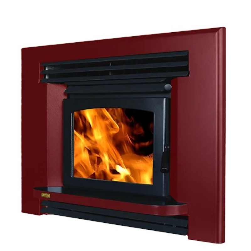 Ethos Ares Insert Wood Fire in Dark Red finish with black fascia and large glass viewing window
