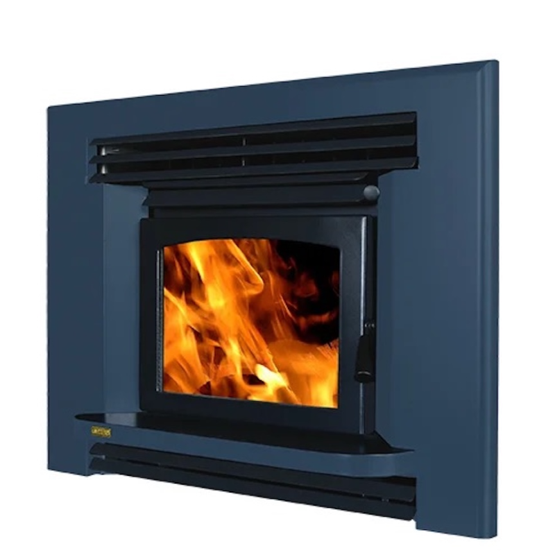 Ethos Ares Insert Wood Fire in Denim Blue finish with black fascia and contemporary styling