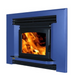 Ethos Ares Insert Wood Fire in Royal Blue finish with black fascia and clean insert fireplace design