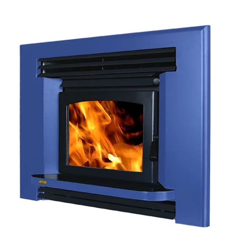 Ethos Ares Insert Wood Fire in Royal Blue finish with black fascia and clean insert fireplace design