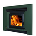 Ethos Ares Insert Wood Fire in Dark Green finish with black fascia and large viewing window
