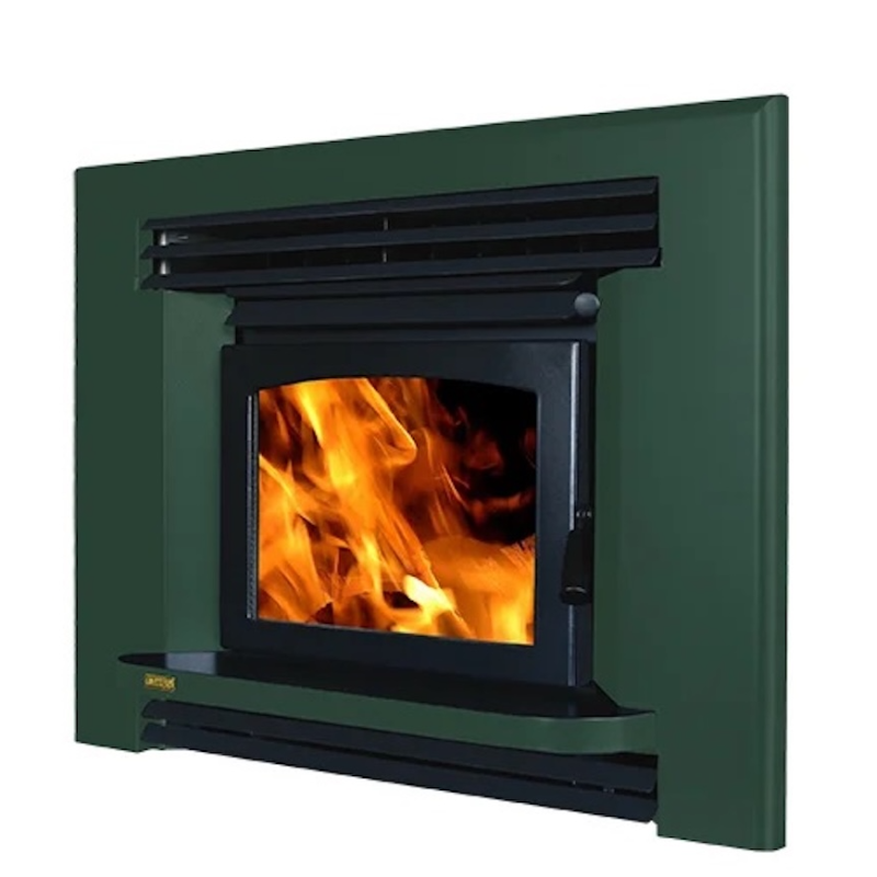 Ethos Ares Insert Wood Fire in Dark Green finish with black fascia and large viewing window