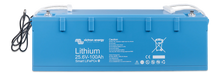 Blue lithium battery with visible branding and specifications on a white background
