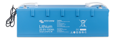 Blue lithium battery with visible branding and specifications on a white background