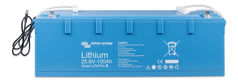 Blue lithium battery with visible branding and specifications on a white background