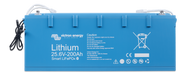 Blue lithium battery with Victron Energy branding and specifications.