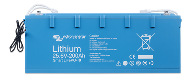Blue lithium battery with Victron Energy branding and specifications.