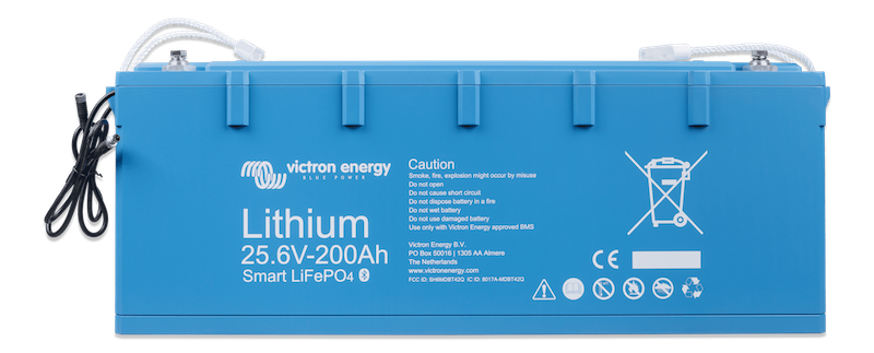 Blue lithium battery with Victron Energy branding and specifications.