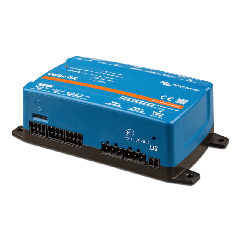 Angled rear view of Victron Cerbo GX MK2 remote monitoring hub showing communication ports and system connection terminals