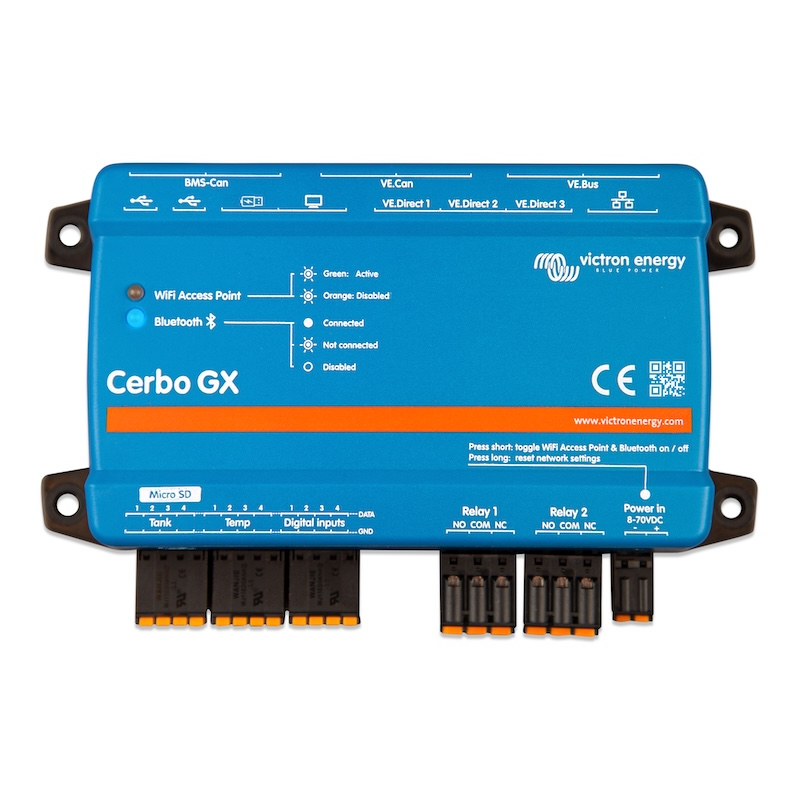 Front view of Victron Cerbo GX MK2 remote monitoring and system control device with status indicators and connection terminals