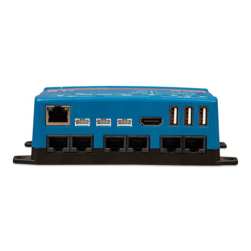 Rear connection panel of Victron Cerbo GX MK2 showing Ethernet port, USB ports, HDMI output and VE.Bus communication connections