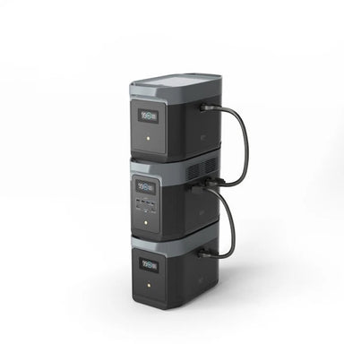 DriveCharge™ Extended system showing EcoFlow DELTA 2 Max with two expansion batteries for vehicle-powered home backup.