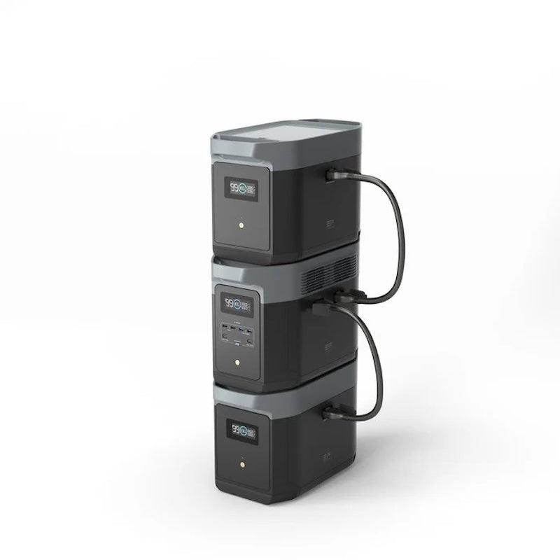 DriveCharge™ Extended system showing EcoFlow DELTA 2 Max with two expansion batteries for vehicle-powered home backup.