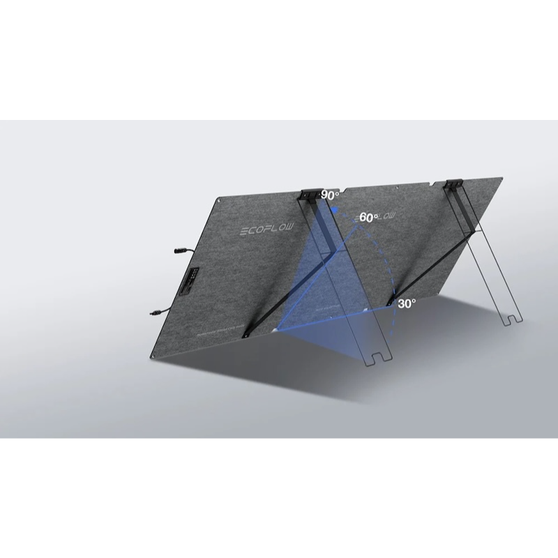 EcoFlow NextGen 220W portable solar panel with integrated adjustable stand showing 30–60 degree tilt angles for optimal sun exposure