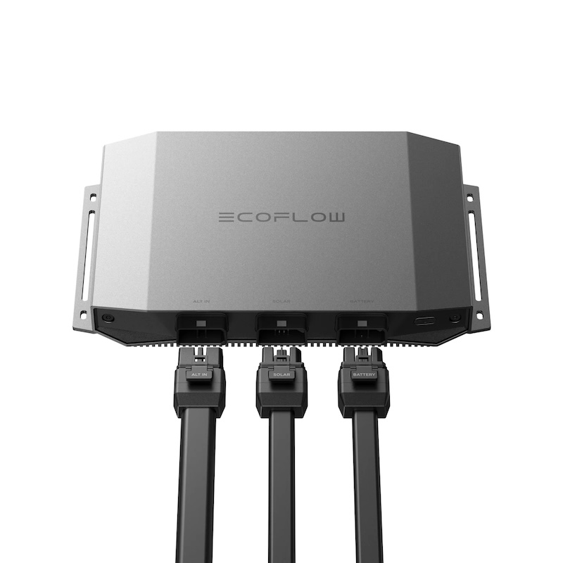 EcoFlow Alternator Charger Plus 1000W showing alternator input, solar input and battery output connections