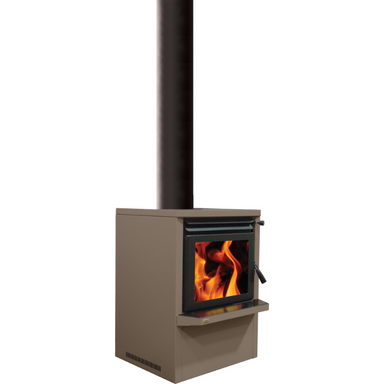 Ethos Galaxy wood fire in Matt Kauri finish with EconAir flue system installed, high-efficiency NZ-made freestanding wood burner.