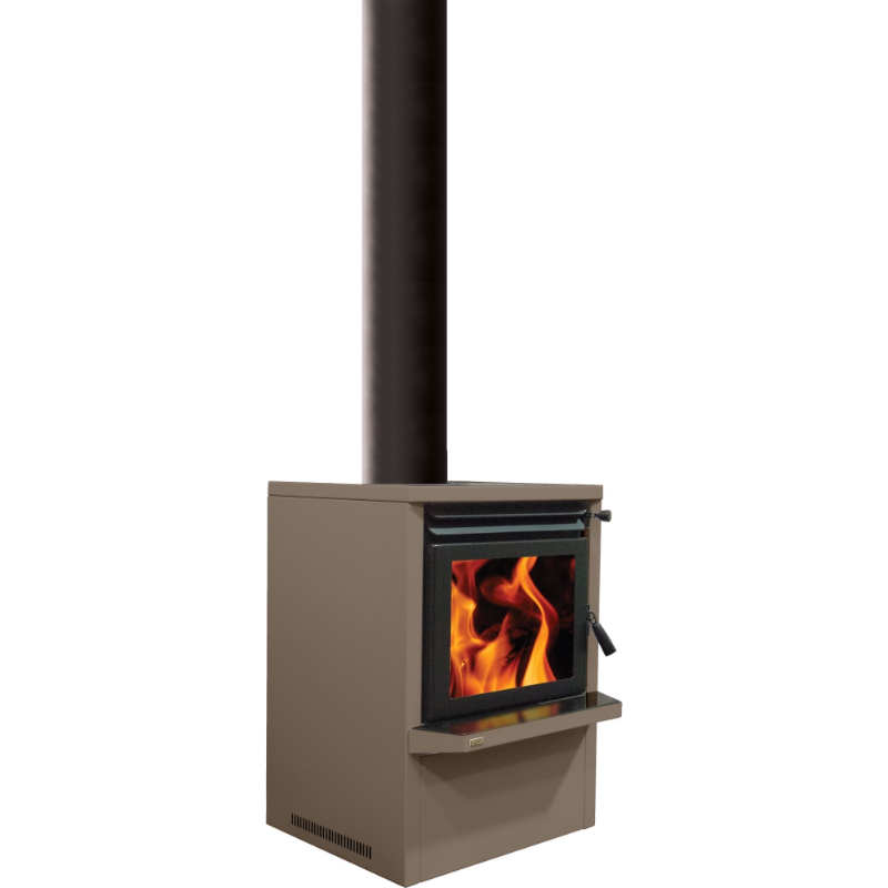 Ethos Galaxy wood fire in Matt Kauri finish with EconAir flue system installed, high-efficiency NZ-made freestanding wood burner.
