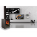 Ethos Galaxy wood fire installed in a modern living room setting, showcasing contemporary design and large viewing window.
