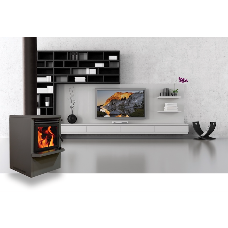 Ethos Galaxy wood fire installed in a modern living room setting, showcasing contemporary design and large viewing window.