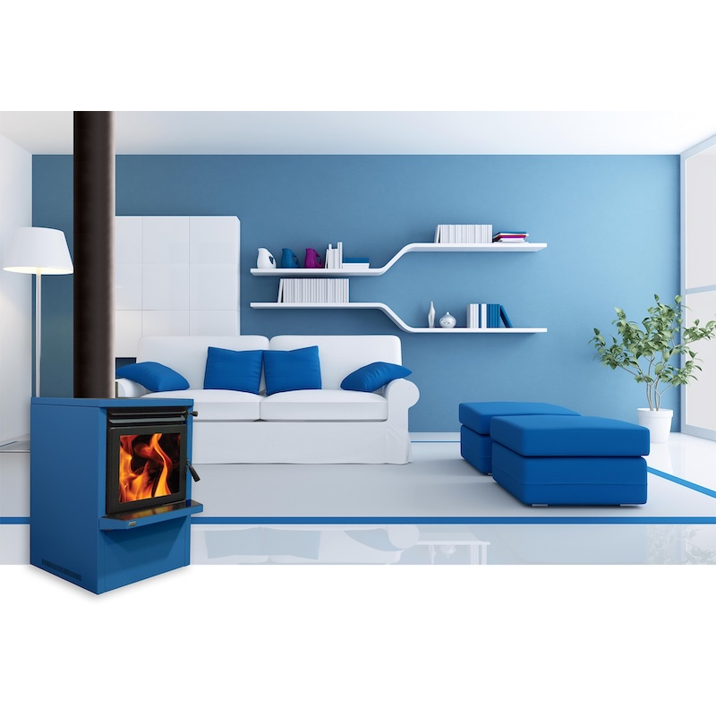 Ethos Galaxy wood fire in Pommel Blue finish with EconAir flue system, freestanding high-efficiency wood burner for New Zealand homes.