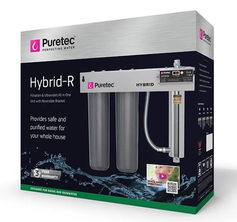 Puretec Hybrid R2 rainwater filtration and UV treatment system packaging box for whole house tank water filtration