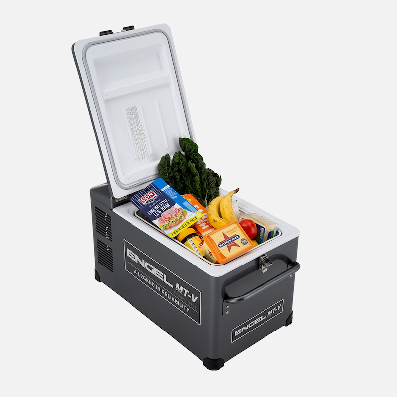 Engel MT35F-G4D-V 32 Litre Portable fridge freezer front left open full produce