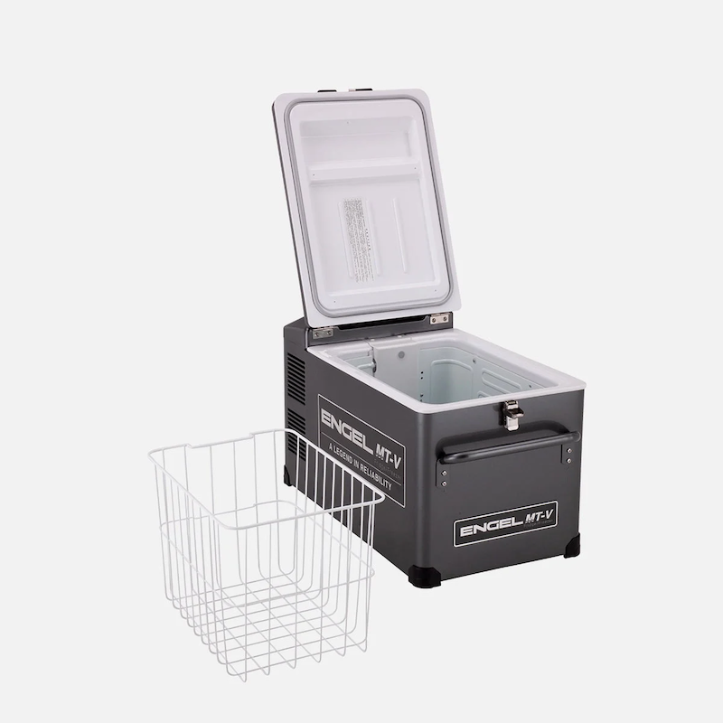 Engel MT35F-G4D-V 32 Litre portable fridge freezer front left open with basket