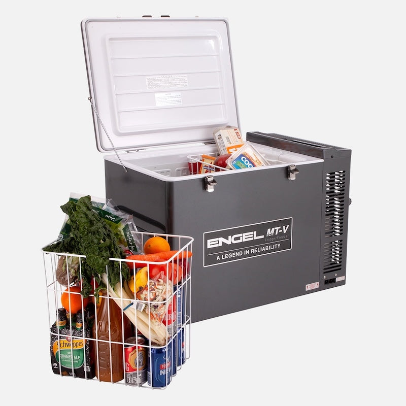 Engel MT-V 80F Fridge freezer open showing one basket with produce