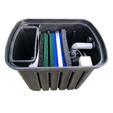 WaterMate Large Greywater Recycling Unit with lid removed showing multi-stage filter cartridges and pump assembly