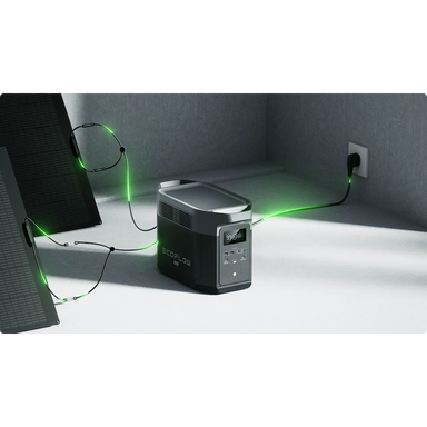 EcoFlow DELTA 2 Max charging simultaneously from solar panels and AC wall outlet using fast dual-charging.