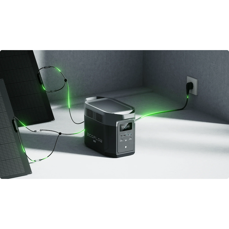 EcoFlow DELTA 2 Max charging simultaneously from solar panels and AC wall outlet using fast dual-charging.