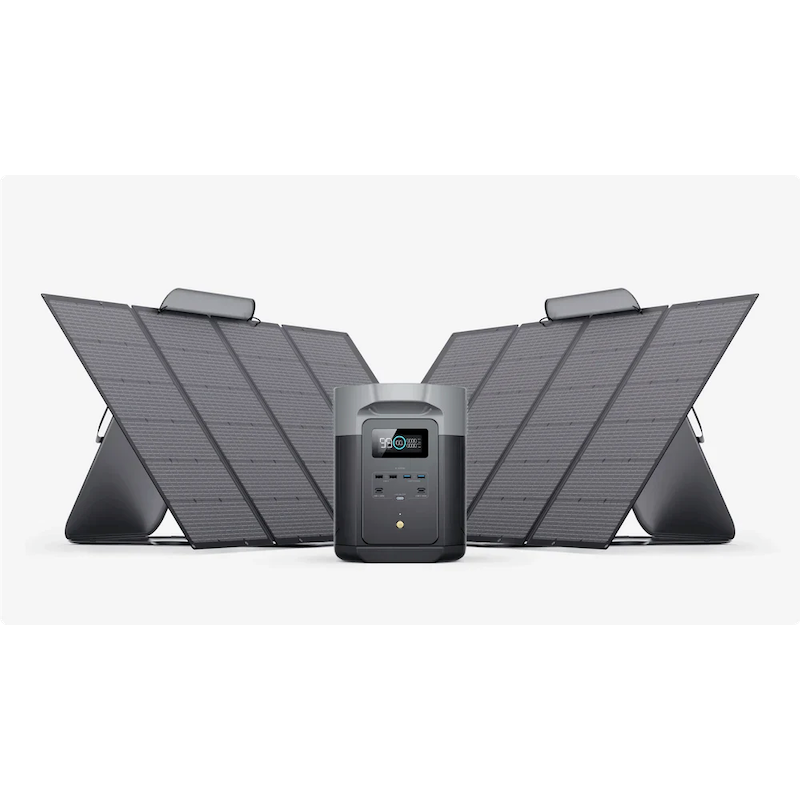EcoFlow 220W bi-facial portable solar panel (x2) fully unfolded for outdoor charging.