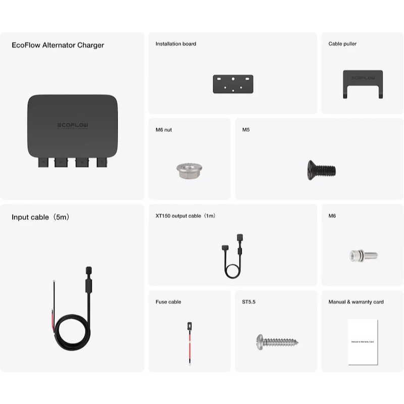 EcoFlow alternator charger kit contents including cables, mounting hardware, and installation components