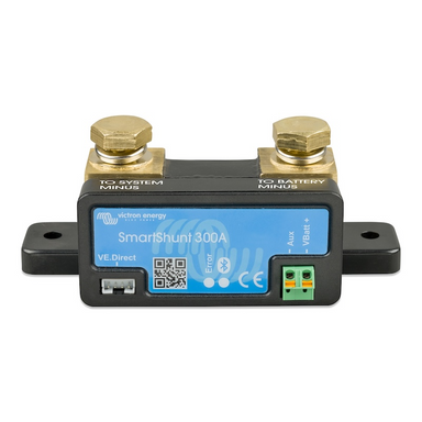 Angled front view of Victron SmartShunt 300A Bluetooth battery monitor with VE.Direct connection