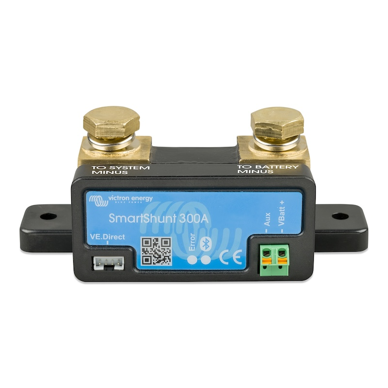 Angled front view of Victron SmartShunt 300A Bluetooth battery monitor with VE.Direct connection